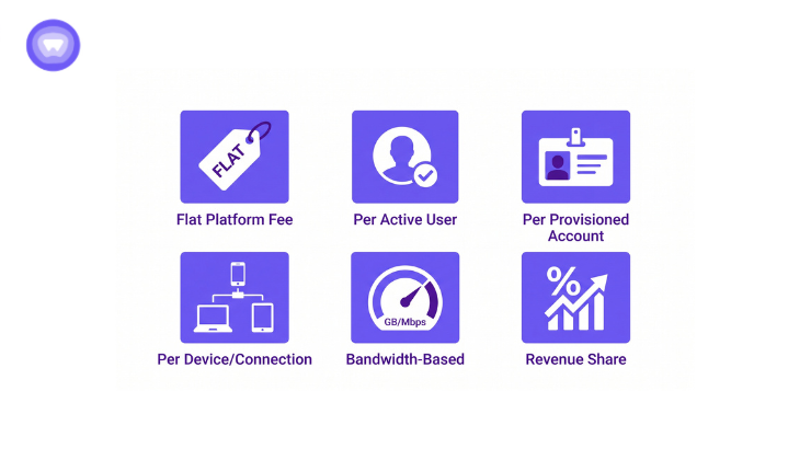 Minimalist infographic showcasing 6 White Label VPN pricing models using purple and white icons on a white background: Flat Platform Fee, Per Active User, Per Provisioned Account, Per Device/Connection, Bandwidth-Based, and Revenue Share.