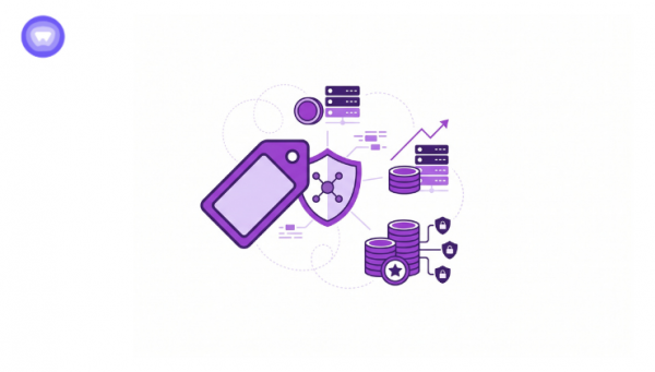 A minimalistic 2D graphic of White Label VPN pricing models on a white background, featuring a purple brand tag, a secure VPN shield, and tiered pricing structures with server racks, coins, and data nodes in shades of purple and lavender.