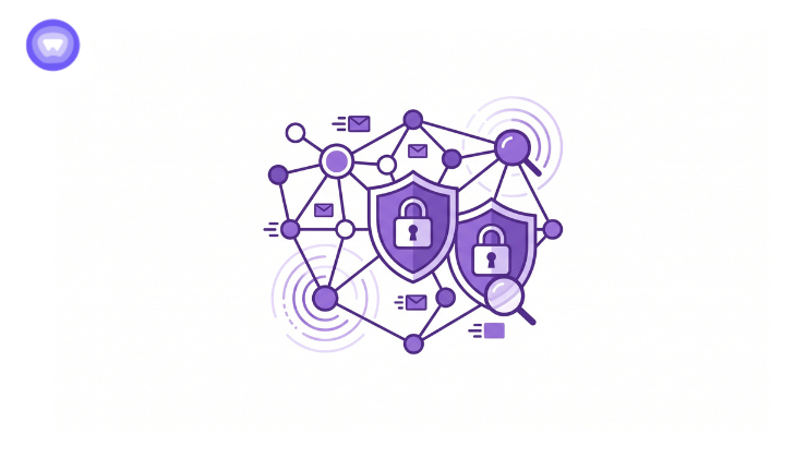 Minimalist purple security network graphic with shield, lock, and magnifying glass icons.