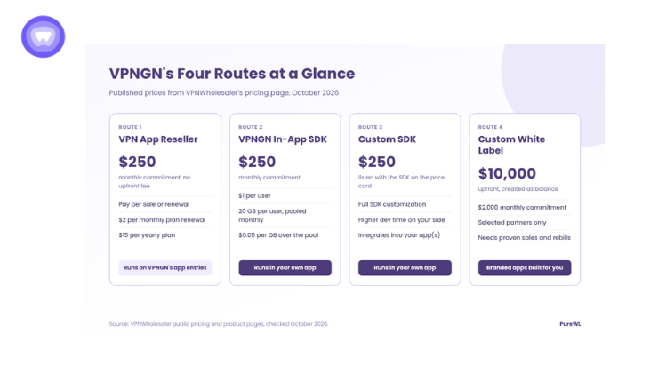 VPNGN’s four routes with published prices, from $250 monthly commitments to a $10,000 custom white label.