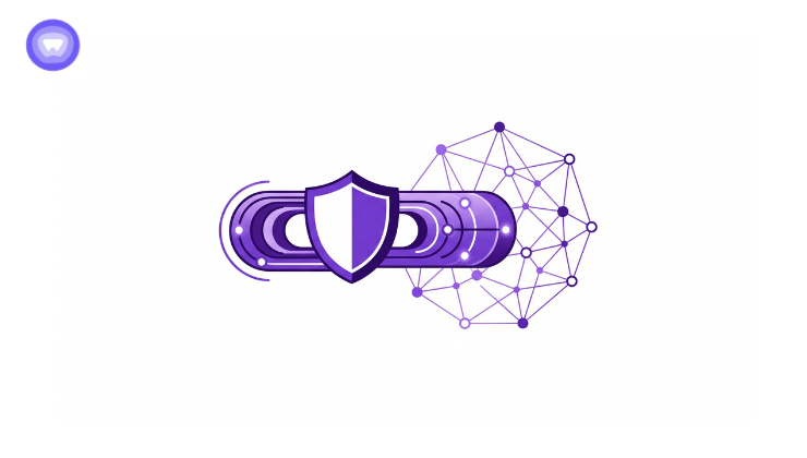 Minimalist purple shield and digital network nodes.