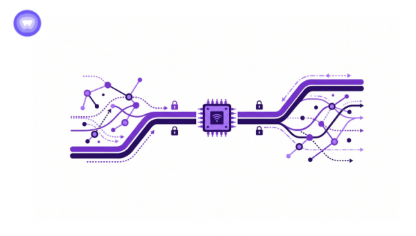 Minimalistic image designed in a clean purple and white palette focusing purely on the IoT and secure VPN tunnel concepts.